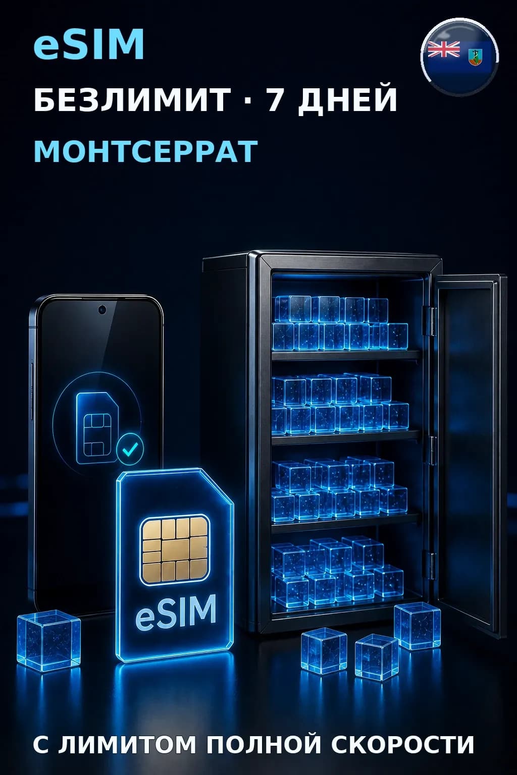 eSIM Монтсеррат — БЕЗЛИМИТ, 7 дней — интернет