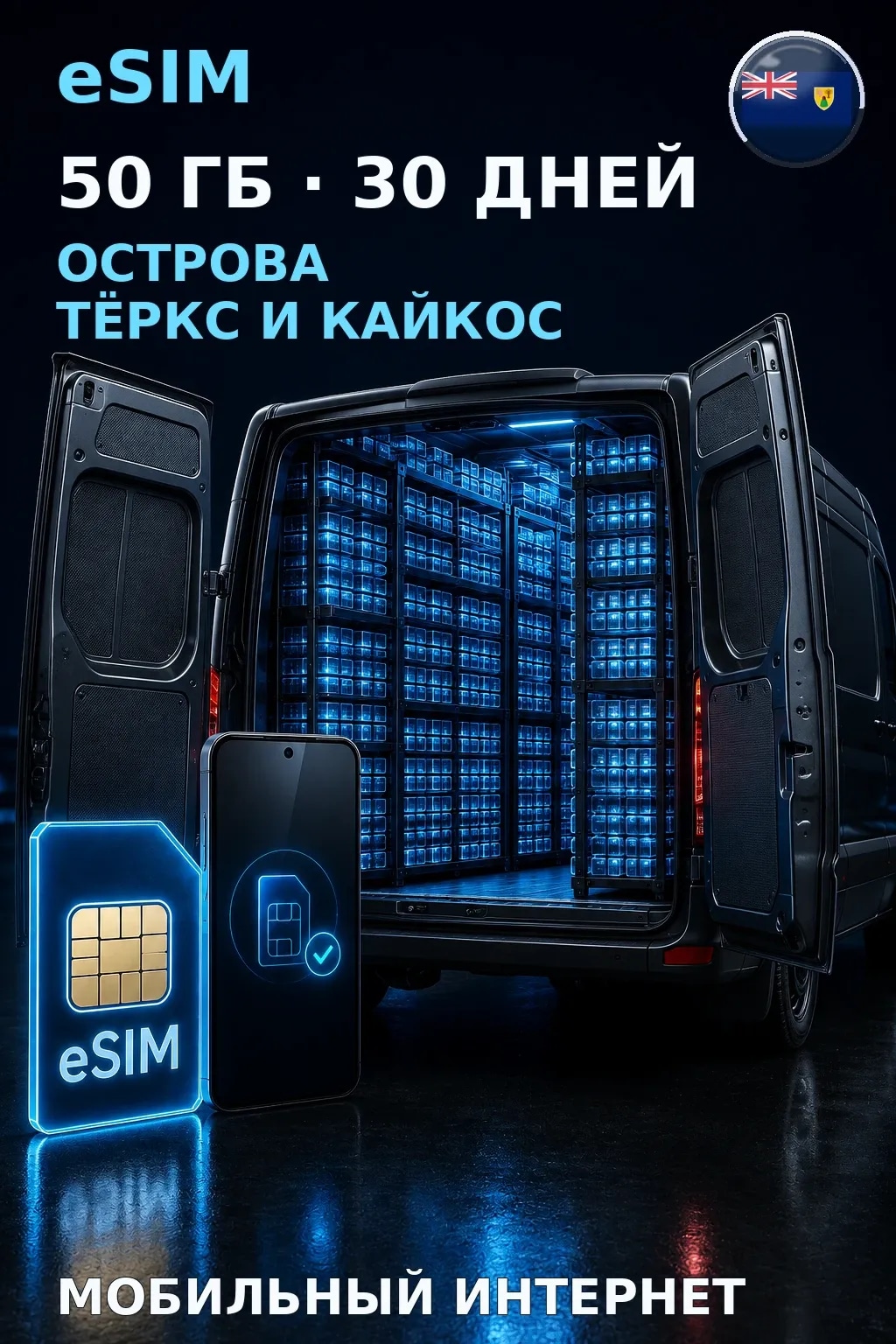 eSIM Острова Тёркс и Кайкос — 50 ГБ, 30 дней — интернет